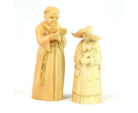 Two Royal Worcester blush ivory candle snuffersTo include monk, height 12cm, and nun, height 9.5cm, each with puce factory ma