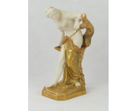 A large Royal Worcester figure groupModelled in the form of a scantily clad lady leaning on a tree stump, with gilt highlight