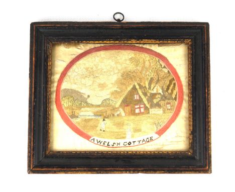 A 19th Century tapestry panel'A Welsh Cottage' depicting figures in landscape scene with cottage, 13x17cm 