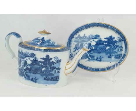 A 19th Century Spode blue and white teapot and standHaving transfer printed decoration of a Willow pattern scene, height 16cm