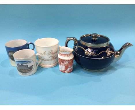 A Royal Crown Derby jug, a tea pot and various mugs