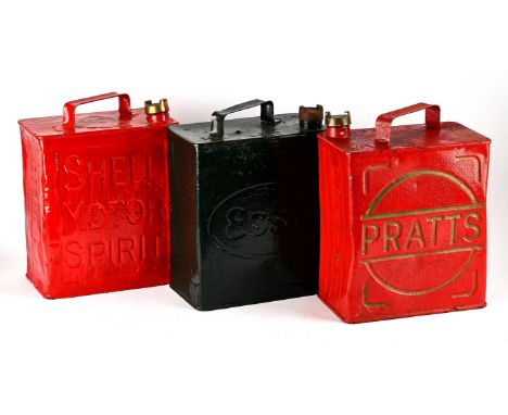 Collection of 3 Vintage petrol cans to include, Red Shell Motor Spirit petrol can with brass Esso cap, Esso green petrol can 