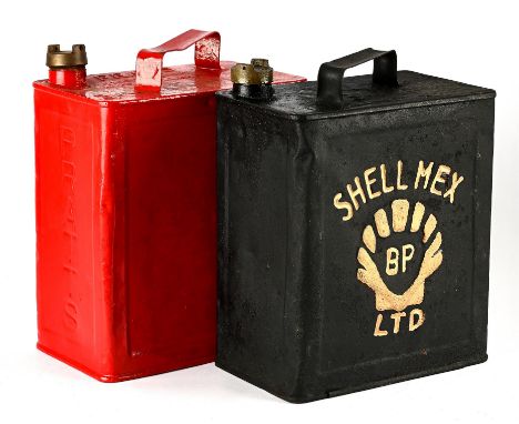 Vintage Black painted Shell petrol can and Red Pratts petrol can.   Circa 1930s. Please note this lot has the standard Ewbank