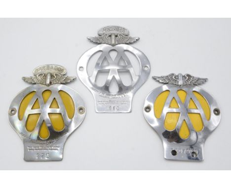 A collection of 3 x vintage AA badges to include: Jamaica badge number 660, Barbados badge number 175 and AA badge number 3C0
