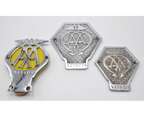 Collection of 3 x Vintage AA badges to include: Commercial AA badge number V126261,  Commercial AA badge number V1270774 and 