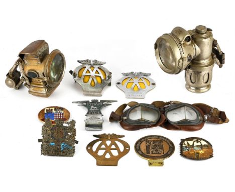 Collection of Vintage Automobilia items - To include: Two bike/ side lamps, Lucas Silver King and Chieftain, goggles and Badg