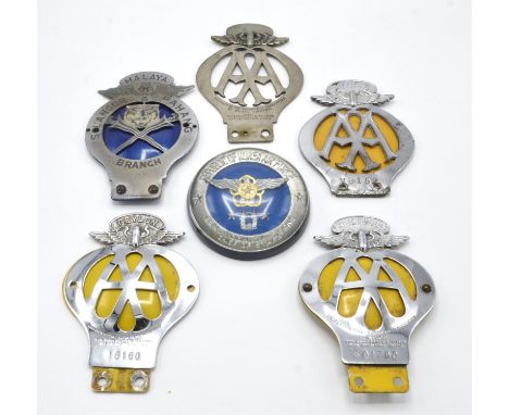 A collection of 4 x Vintage AA badges, Republic Korea Air Force badge and Malaya Slangor Pahang branch badge number 47.  AA b