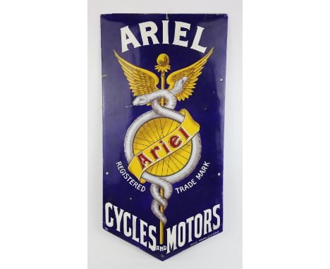 An Ariel Cycles & Motors hanging vintage enamel advertising sign. 76cms x 38cms.Please note this lot has the standard Ewbank'