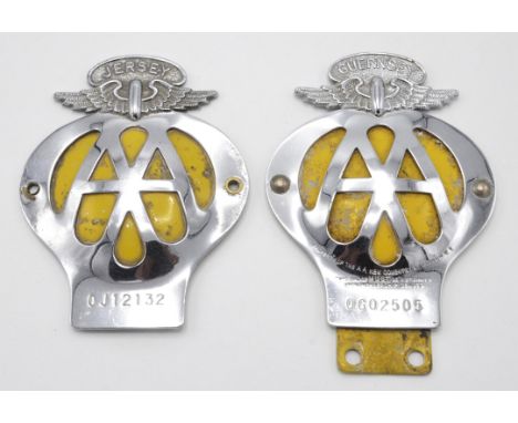 Vintage AA Channel Island badges. To include Guernsey badge number 0G02505 and Jersey badge number 0J12132.Please note this l