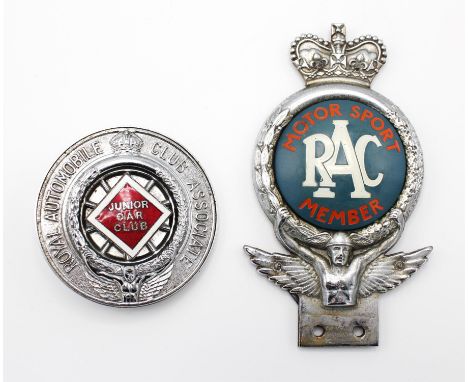 1960 Vintage RAC Motor Sport Member badge and Royal Automobile Club Associate Junior Car Club badge numbered K22421.Please no