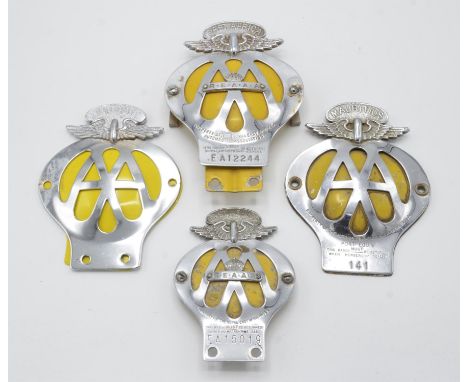 A collection of 4 x Vintage AA badges to include: East Africa badge number EA12244, Mauritius badge number 141, East Africa E