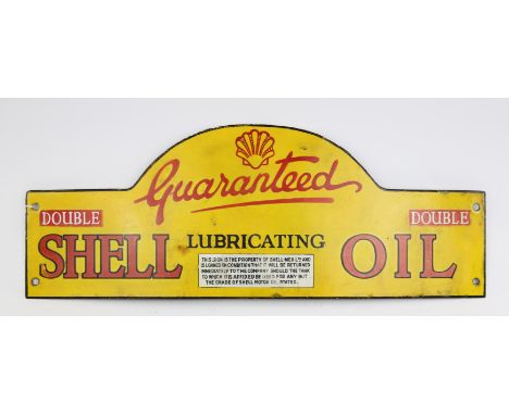 Shell Oil double guaranteed lubricating oil vintage enamel sign. 24cms x 63.5cms.Please note this lot has the standard Ewbank