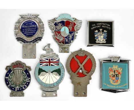 Collection of 7 x Vintage car badges to include: Knights of the Road Guild Presented by the News of the World badge stamped N