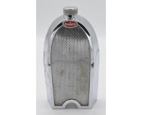 Reproduction Bugatti chrome plated flask. Shape of the distinctive horseshoe Bugatti radiator with cap.  26cms tall. Please n
