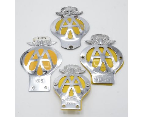 A collection of 4 x Vintage AA badges to include: South Africa badge number B91153, East Africa badge number 24374, Kenya bad