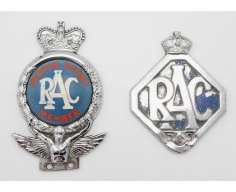 2 x Vintage RAC Badges to include: Motor Sport RAC Member badge, RAC badge numbered V583630. Please note this lot has the sta