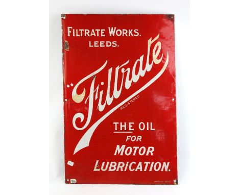 Filtrate Works Leeds vintage enamel sign.  The oil for motor lubrication.  53.5cms x 35.5cms.Please note this lot has the sta