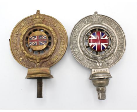2 x Vintage Royal Automobile Club Associate badges.  Badge numbers B1052 and A34936.Please note this lot has the standard Ewb