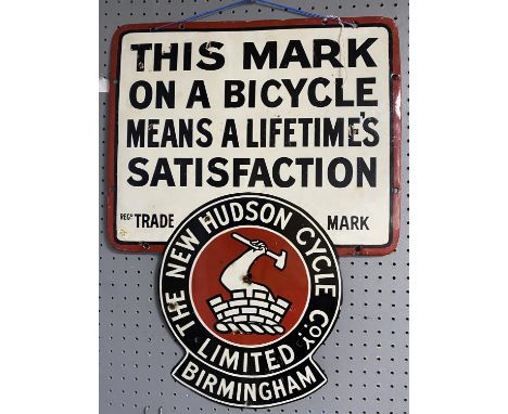 The New Hudson Cycle Birmingham vintage enamel signal.  53.5cms x 40.5cms. Please note this lot has the standard Ewbank's sta