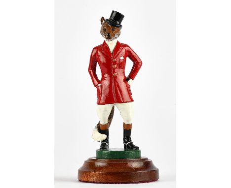 Lejeune car mascot - Enameled Gentleman Fox, Hand painted in cold enamel and finished in glossy varnish, red coat and top hat