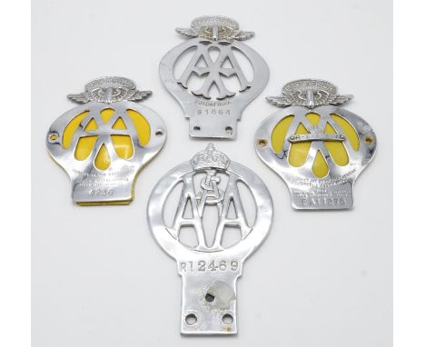 A collection of 4 x Vintage AA badges to include: South Africa badge number 81864, South Africa badge number R12469, East Afr