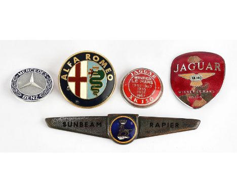 Collection of 5 x Vintage Car Badges to include: Jaguar XK140 winner Le Mans 1951-3, Jaguar Winner Le Mans 1951 1953 1955 195