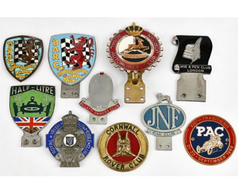 Collection of 10 x Vintage Automobile Car Club badges to include: Cornwall Rover Club, JNF Car Club, Bugatti Owners Club, Hal