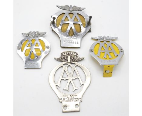 A collection of 4 x Vintage AA badges to include: West Pakistan badge number P 763, AA badge number 02948Y, AA Badge number 2