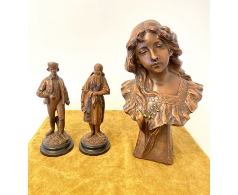 Lot of 3 vintage statues in terracotta, 1 couple on wood socket H 26 cm and 1 Bust Signed A,Carli and numbered 760 H 38 cm, v