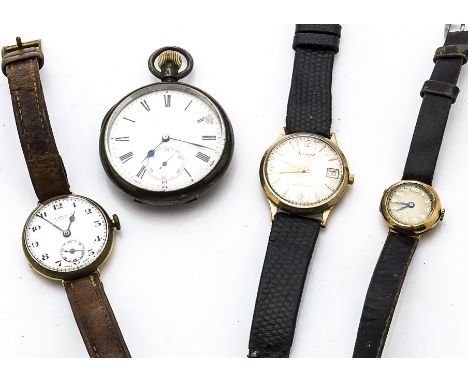 Three vintage gold cased watches and a silver open faced pocket watch, including a JW Benson with a 9ct gold back and base me