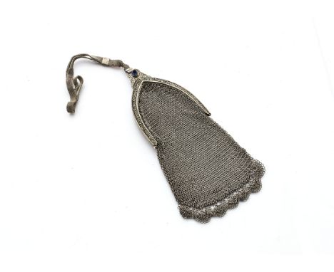An art deco white metal mesh purse, with arched top, embossed floral decoration and blue paste cabochon button, 16cm x 10cm 