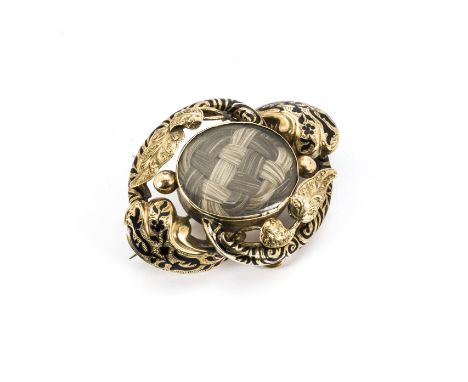 A Victorian husband and wife enamel and gold mourning brooch, having central plaited hair panel within a scroll and knot moun