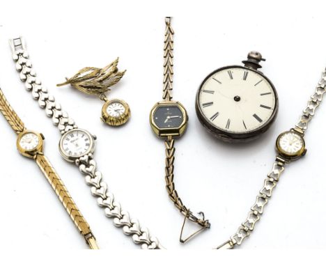 Six watches, including an Excalibre on later 9ct gold bracelet, a silver Ingersoll, and three others, along with a 19th Centu