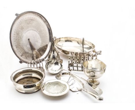 A collection of 19th &amp; 20th Century silver plated items, including four soup ladles, a basting spoon, tea caddy spoon, pa