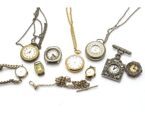 A small group of lady's watches and watch chains, including a thin yellow metal watch chain marked 375, 4.5g, a damaged 9ct g