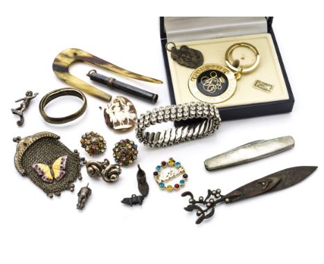 A quantity of costume jewels, including a gold plated rope bar brooch, a silver and enamel butterfly brooch, a small child's 