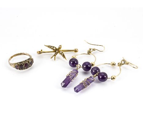 A 15ct gold seed pearl swallow brooch, a 9ct gold foil backed garnet ring, ring size Q together with a pair of amethyst drop 