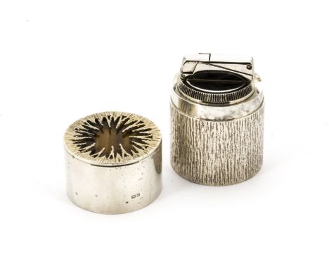 A fine 1970s silver and tigers eye table lighter from Mappin &amp; Webb, cylindrical with bark effect lower and plain upper h