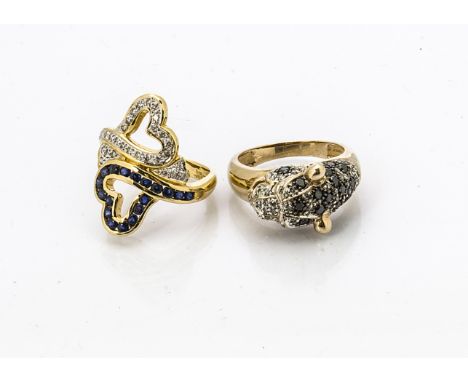 A 9ct gold diamond encrusted panther ring, the head and neck set with white and black diamonds, ring size P, 5.4g, together w