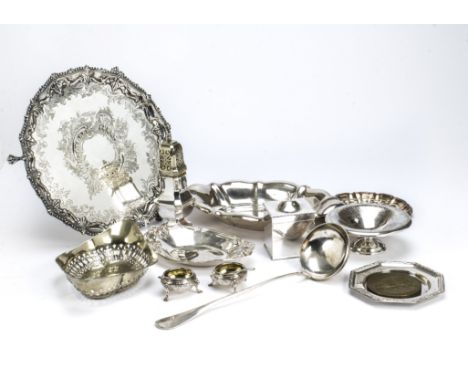 A pair of Victorian silver cauldron salts and spoons and silver plated items, including a tray, soup ladle and more (parcel) 