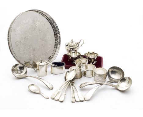 A pair of cased Edwardian silver salts and spoons, together with a silver mustard pot, a silver salt and pepper, a pair of si