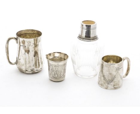 A small late 19th Century Russian silver beaker, engraved outer, now with pulled lip, Moscow Marks and stamped AP, together w