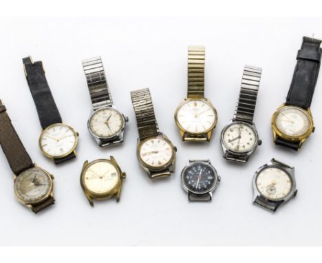 Ten vintage gentlemen's wristwatches, all appear to run and in varying conditions, with a 9ct gold Roamer, and another Roamer