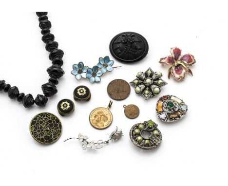 A Norwegian silver and enamel flower brooch, (af to clasp), a white metal flower brooch, a jet necklace and brooch and variou