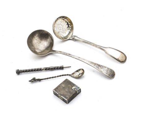 A collection of Georgian and later silver and silver plate, including a silver fiddle and thread pattern ladle, an old Englis