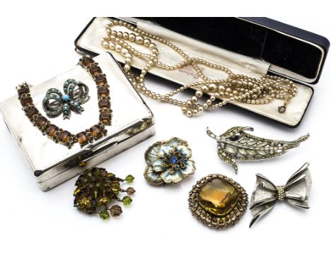 A collection of costume jewellery, including beads, brooches, necklaces etc together with a George V silver cigarette box 