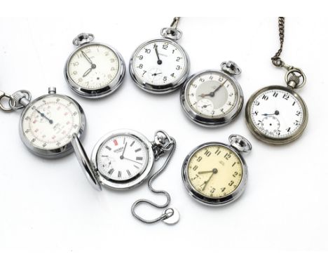 A Smiths manual wind stopwatch, together with six pocket watches, one with silver chain 