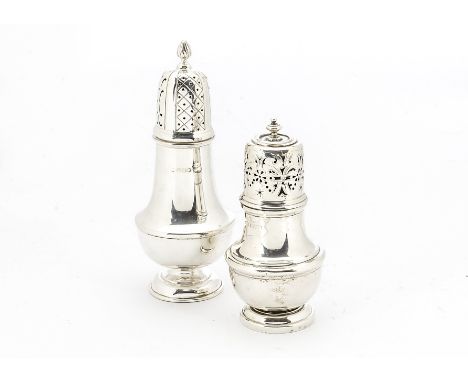 Two Edwardian period silver sugar sifters, of differing designs and heights, the shorter marked Chester 1908, 10.4 ozt (2) 