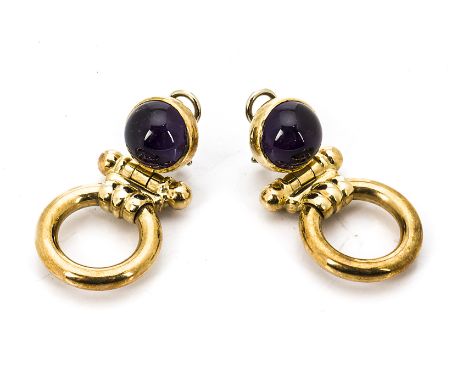 A pair of continental 14K marked amethyst drop earrings, with clip backs, the cabochon studs supporting hinged loops, 19g, 3.