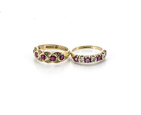 Two ruby and diamond 9ct gold dress rings, both claw set stones with yellow gold settings and shanks ring size L 1/2-M, 5.4g 